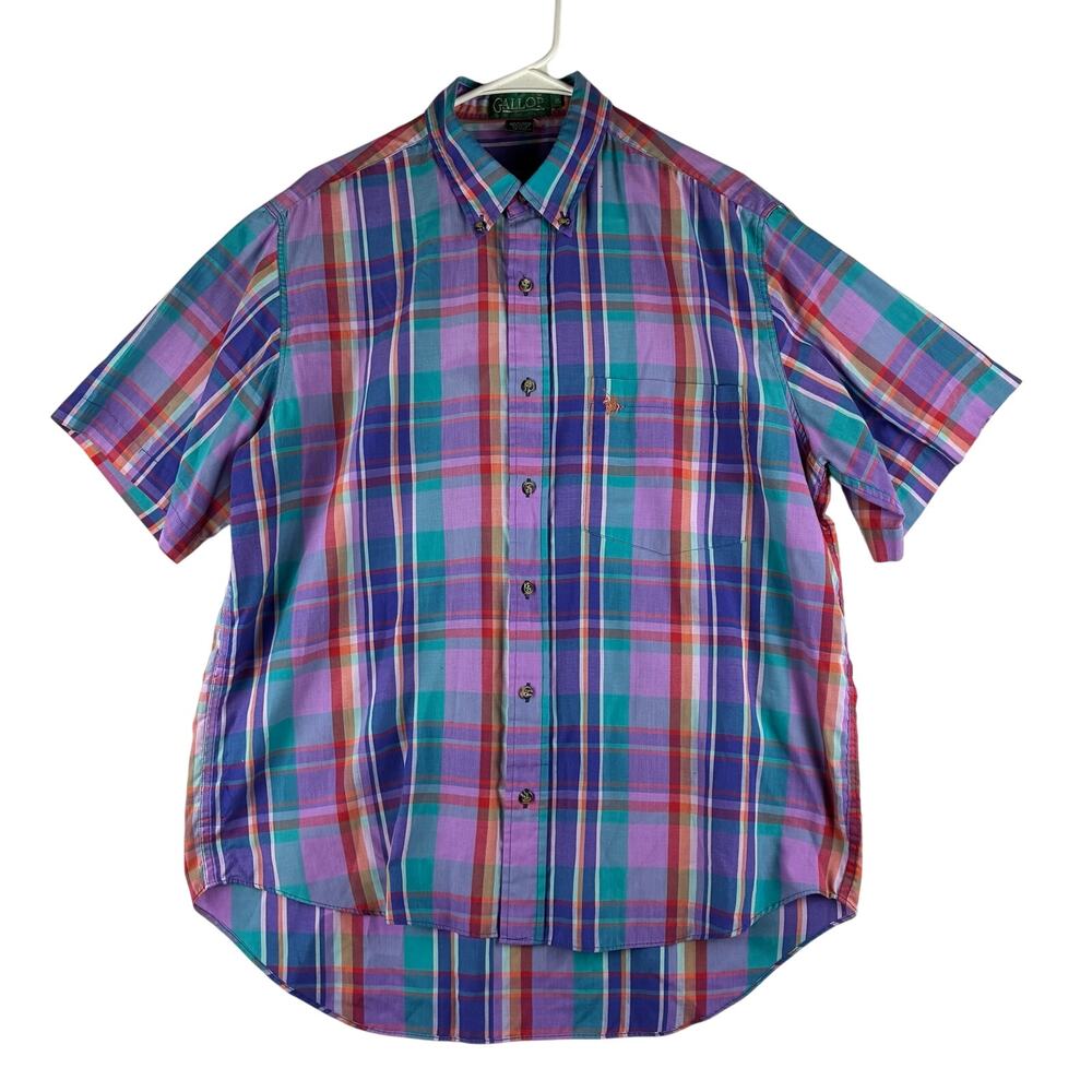 Gallop Button Down Shirt Men's XL Vintage Casual Plaid Purple Green Orange